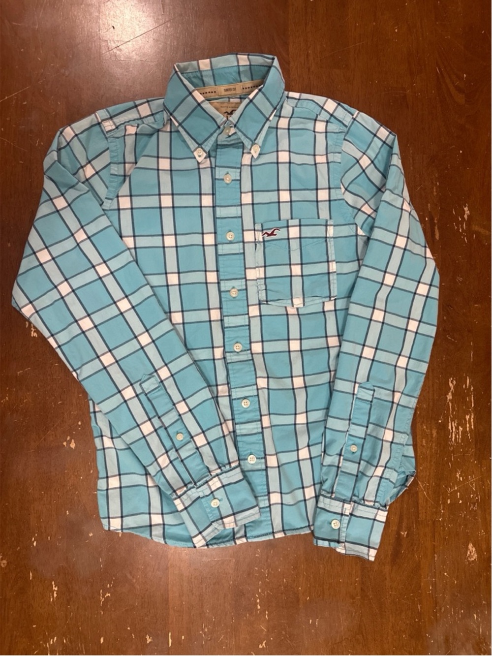 Hollister Men’s Teal and White Plaid Button-Down Shirt